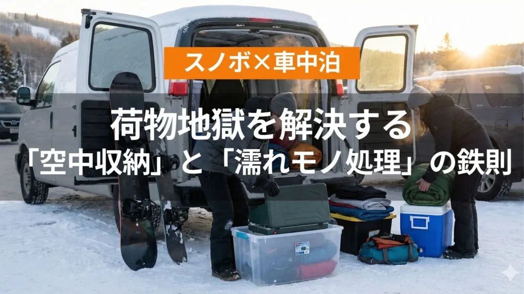 アイキャッチ（スノボ車中泊の荷物地獄を解決する「空中収納」と「濡れモノ処理」の鉄則）