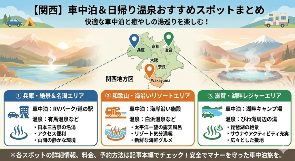 車中泊と相性が良い関西エリアの温泉地まとめ