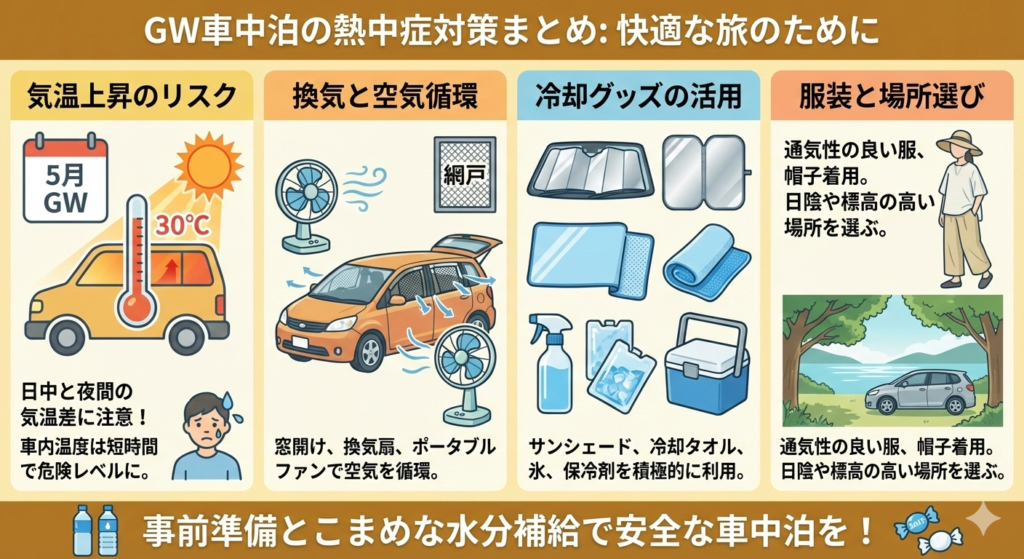 ゴールデンウイーク（GW）車中泊の熱中症対策のまとめ