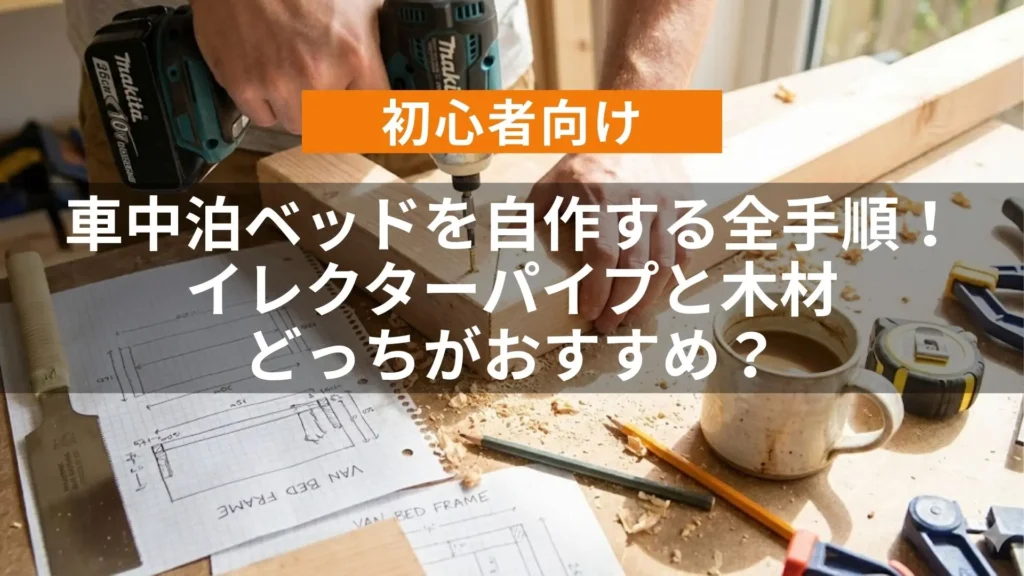 アイキャッチ（【初心者向け】車中泊ベッドを自作する全手順！イレクターパイプと木材どっちがおすすめ？）