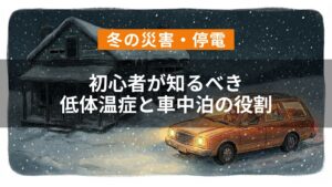 アイキャッチ（冬の災害・停電シミュレーション。初心者が知るべき低体温症と車中泊の役割）