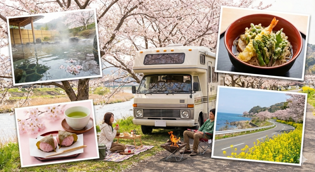 3月の車中泊で花見や温泉を楽しむイメージ図