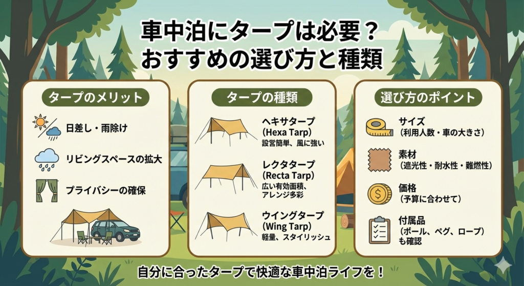 車中泊におすすめのタープのまとめ画像